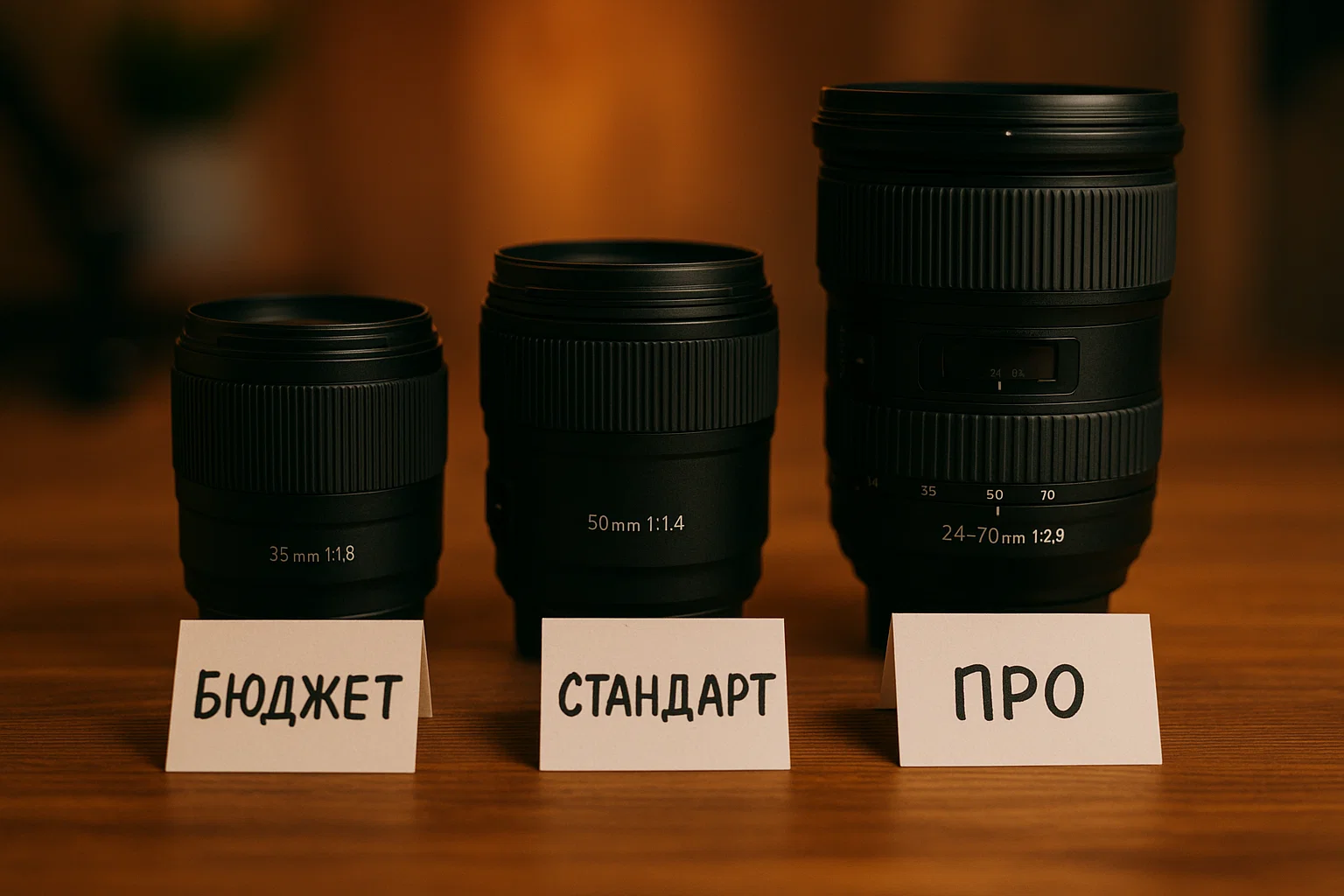 Три объектива на столе: 35 мм f/1.8, 50 мм f/1.4, 24–70 мм f/2.8, рядом карточки с ценами бюджет/стандарт/про
